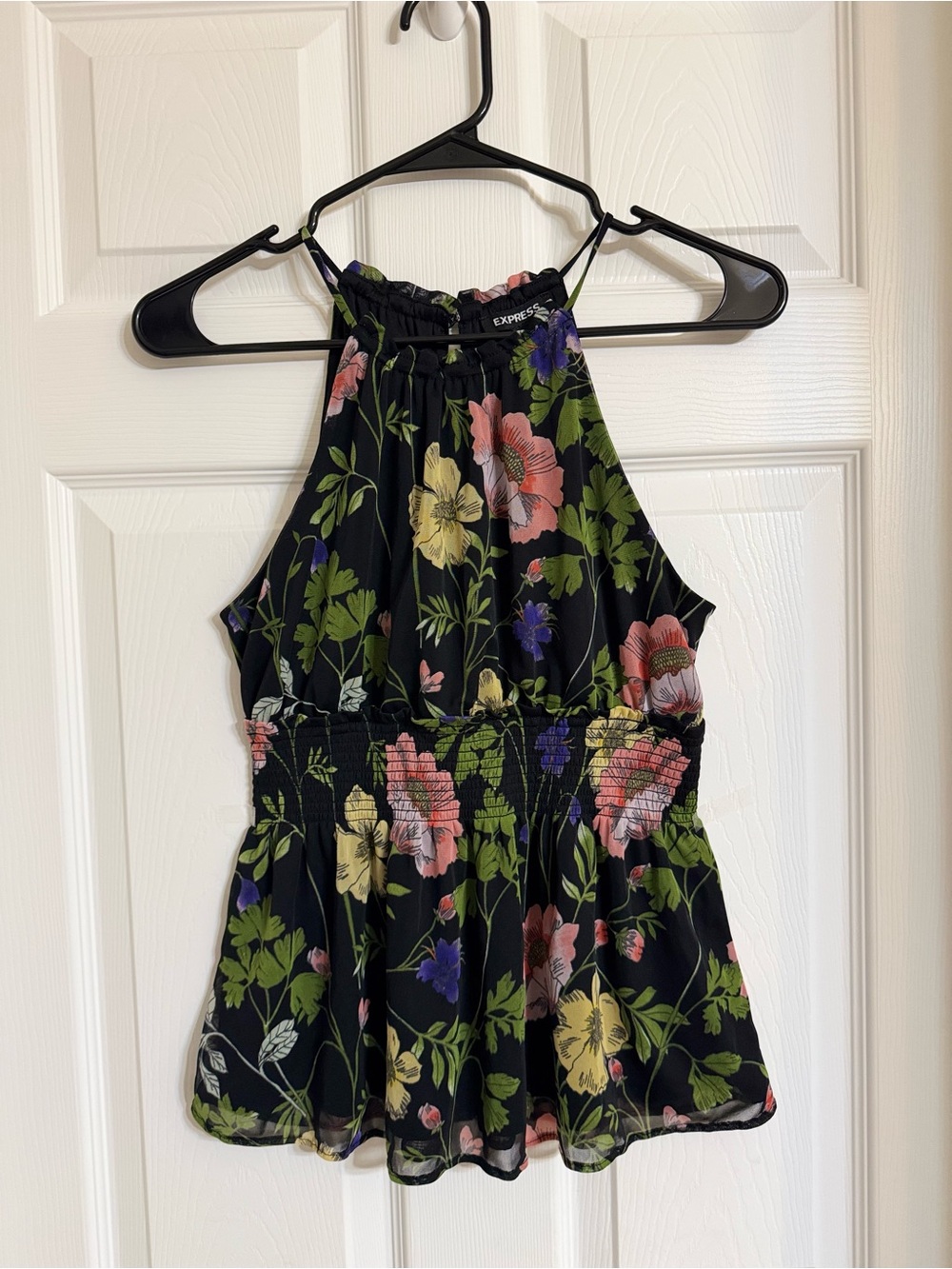 Express Black Floral Halter Top with Pink, Yellow & Green Blooms